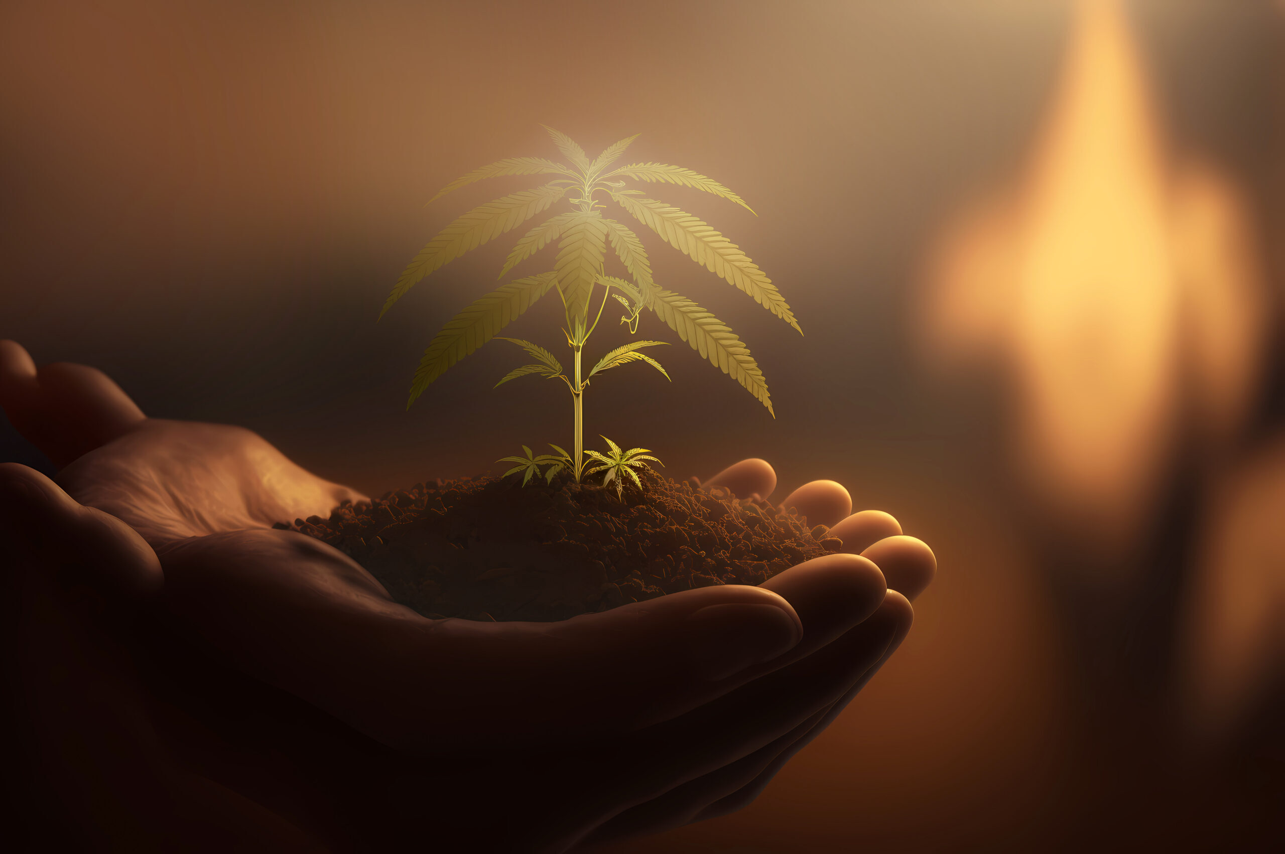 Farmer hands holds young baby cannabis plant. Concept farm marijuana plantation, sunset. Generation AI