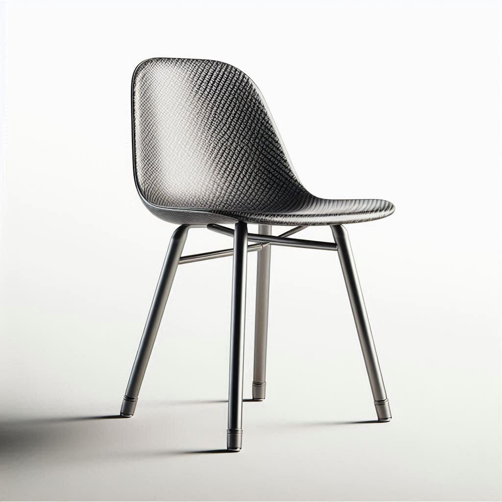 a simple chair design with minimalistic metallic feet and carbon fiber seating